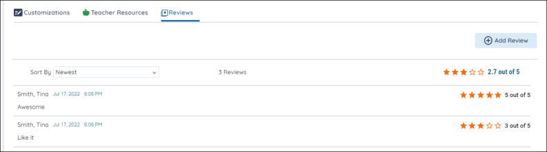 Review tab in Resource options open with multiple reviews.